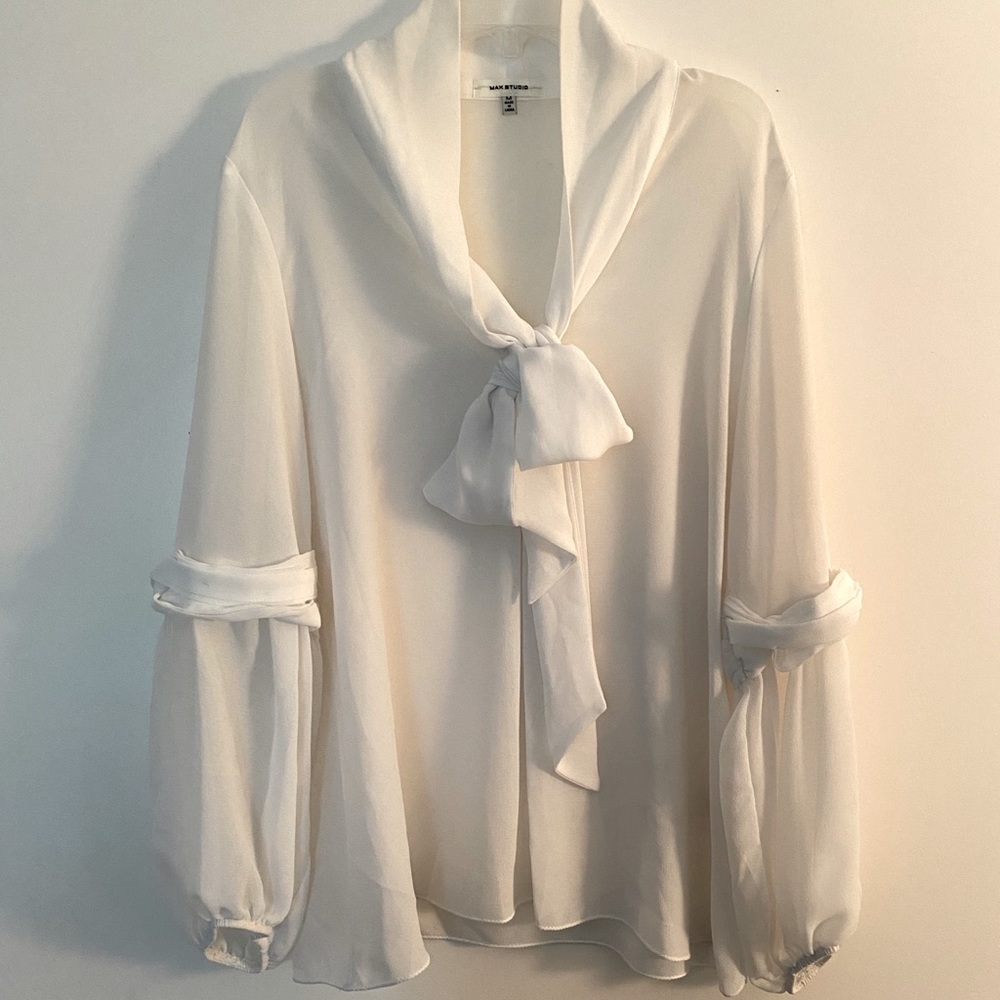 Max Studio Sheer White Pussy Bow Blouse